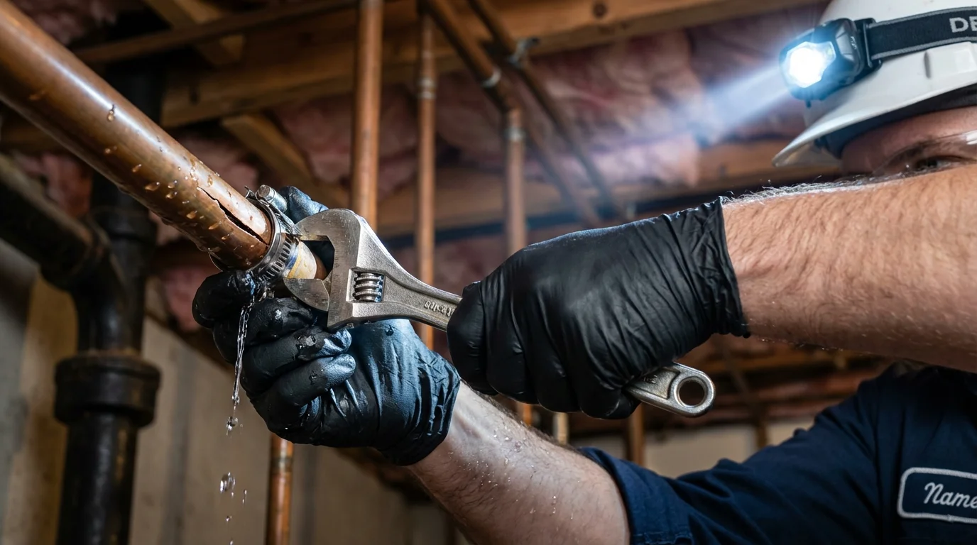 Emergency pipe clamp repair being performed by a Johns Plumbing LLC plumber in Lititz