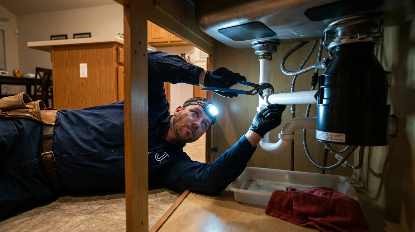 P-trap and supply line connections under a kitchen sink showing a common leak point in Lititz, PA